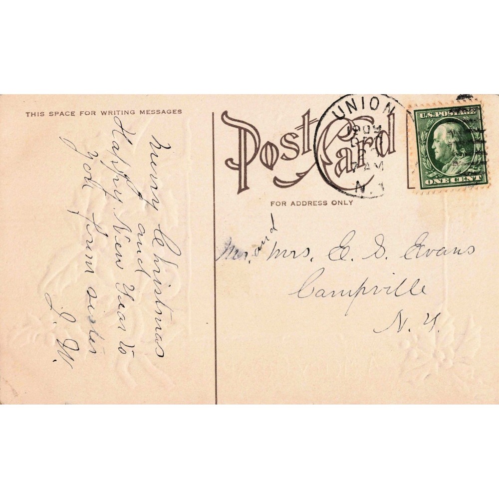 Vintage 1909 Embossed Christmas Postcard Woman Green Hat Holly Union NY Stamp - Picture 2 of 2